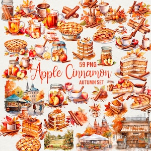 Clipart aquarelle pomme d'automne, 59 PNG Illustration d'automne aquarelle, cannelle citrouille, épices, nourriture, temps d'automne, usage commercial.