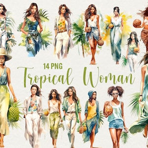 Clipart de mulher de moda tropical, pacote de 14 PNG, gráficos de mulher tropical de praia em aquarela, clipart de roupas de mulher, uso comercial
