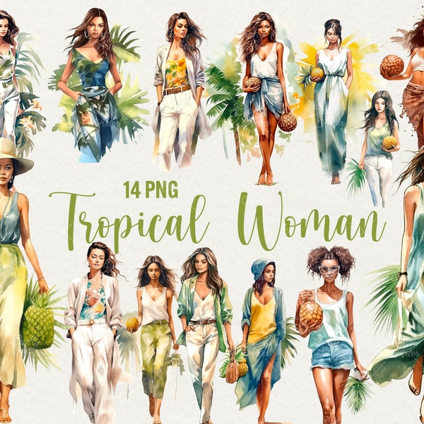 Tropical Fashion Woman Clipart, 14 PNG bundle Watercolor Beach tropical woman graphics, woman clothes clipart, Commercial use