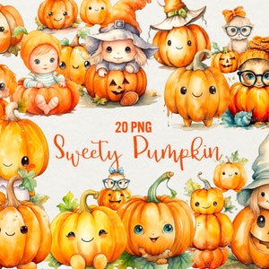 Watercolor Cute Pumpkin Clipart, Watercolor Halloween illustration 20 PNG Sweetie Pumpkin  Clipart, Commercial use