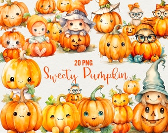 Watercolor Pumpkin Clipart, Halloween Illustrations (20 PNG)