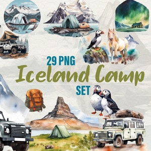 Island Camping Clipart, Outdoor Camp, Aurora, Verteidiger, Zelt, Sublimation druckbare Illustration Aquarell Set Camping Natur Wandern