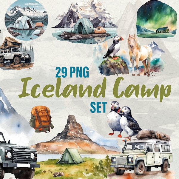 Iceland Camping Clipart, Outdoor Camp, Aurora, Defender, Tent, sublimation printable  illustration Watercolor Set camping Nature Hiking