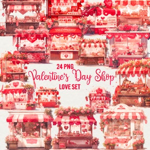 Valentine&#39;s Day storefront clipart, 24 png Watercolor Love shop Valentine Spring clipart, Couple Valentine&#39;s Day clipart, Commercial Use