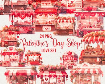 May include: A set of 24 digital illustrations of Valentine's Day shops. The shops are decorated with hearts, flowers, and other romantic details. The shops are selling various items, such as candy, chocolates, and gifts. The illustrations are in a cute and whimsical style.
