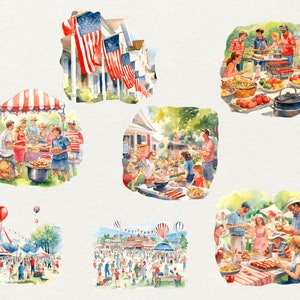 Puede incluir: Seis ilustraciones de acuarela que representan diferentes escenas de personas celebrando un d&iacute;a festivo de verano. Las ilustraciones muestran a personas reunidas alrededor de mesas, comiendo, bebiendo y socializando. Hay banderas, globos y otras decoraciones festivas.