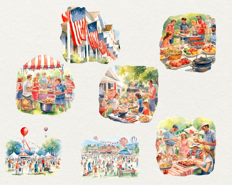 Puede incluir: Seis ilustraciones de acuarela que representan diferentes escenas de personas celebrando un d&iacute;a festivo de verano. Las ilustraciones muestran a personas reunidas alrededor de mesas, comiendo, bebiendo y socializando. Hay banderas, globos y otras decoraciones festivas.
