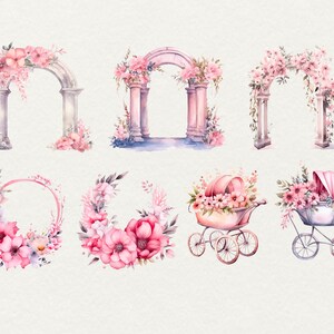 May include: Watercolor illustrations of floral arches, wreaths, and baby carriages. The arches are made of white pillars with pink flowers and greenery. The wreaths are made of pink and purple flowers and greenery. The baby carriages are white with pink flowers and greenery.