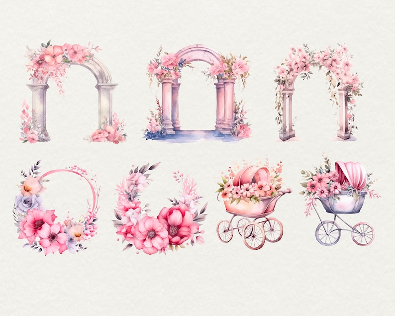 May include: Watercolor illustrations of floral arches, wreaths, and baby carriages. The arches are made of white pillars with pink flowers and greenery. The wreaths are made of pink and purple flowers and greenery. The baby carriages are white with pink flowers and greenery.