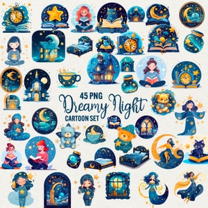 Bundle de cliparts nuit de rêve, illustration de dessin animé 45 PNG, graphiques célestes magiques fantastiques, téléchargement numérique instantané, usage Commercial