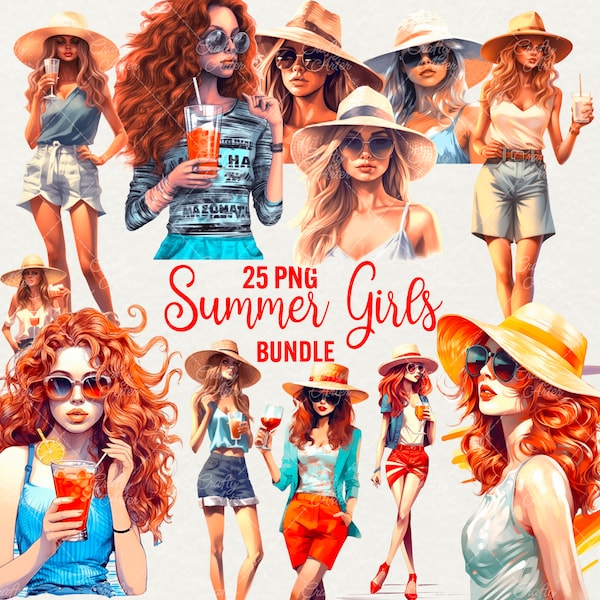 Summer Girls Clipart, Beautiful Vacation girl Clipart, 25 PNG Watercolor Woman on beach with cocktail for Commercial Use