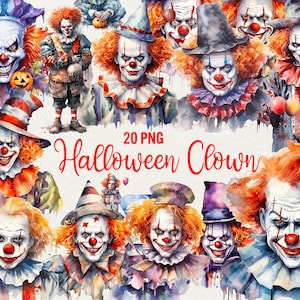 Watercolor Halloween Clown Clipart, Watercolor Halloween illustration 20 PNG Horror Clipart, Commercial use