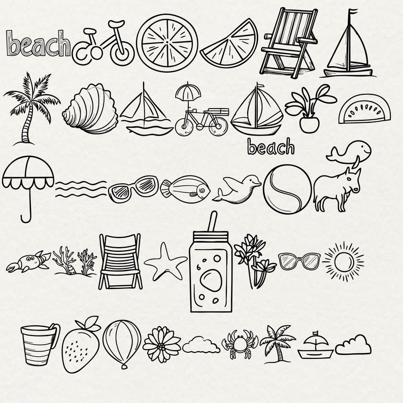 Beach Doodle Clipart Bundle: Summer Line Art PNG SVG (commercial Use - Etsy