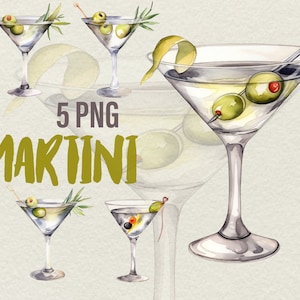 5 Martini Drink con olive Cocktail estivo ad acquerello 5 clipart PNG Download immediato di arte digitale, idee di design per menu di bevande.