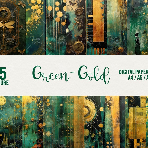 Green and Gold digital paper, 15 green and gold Texture backgrounds, vintage grunge textures, printable scrapbook paper, Commercial Use