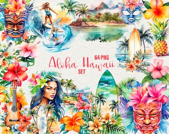 Watercolor Hawaii Clipart: Aloha Summer PNG Graphics (Commercial Use)