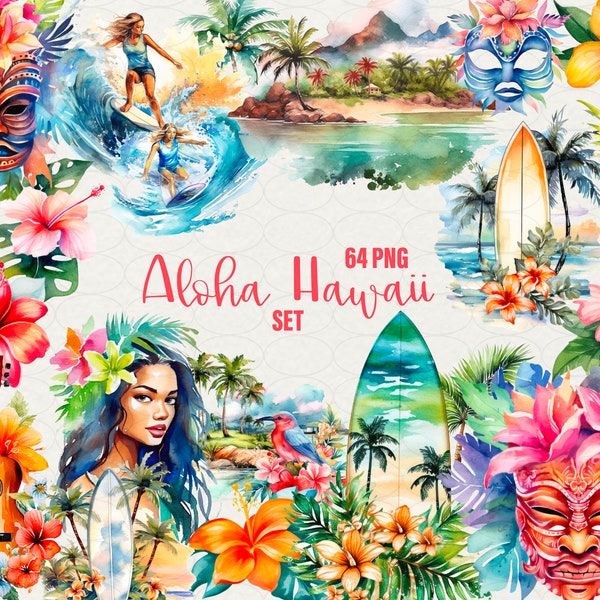 Summer Hawaii Clipart, Aloha Hawaii Watercolor, 64 PNG Hawaii clip art Digital art, flowers, drinks, surfing, beach, palms, Commercial use.