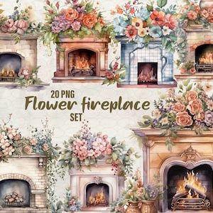 Fireplace clipart, cozy fire set, Vintage interior flower Fireplace, Cozy House, 20 png Fireplace, Commercial Use