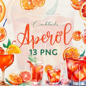 Cocktail Aperol Italie été aquarelle cocktail à l'orange, Téléchargement instantané d'art numérique de 13 cliparts PNG, Idées de boissons au menu.