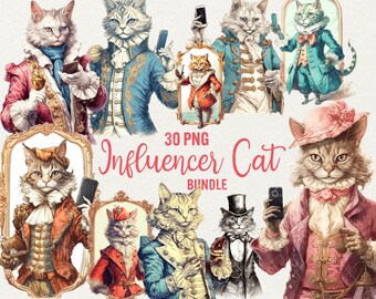 Watercolor Influencer Cats Clipart: 30 PNG Victorian Cats (Instant Download)