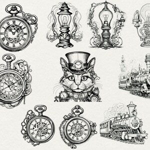 May include: A collection of vintage-inspired illustrations featuring a cat wearing a top hat, a steam train, a pocket watch, and a lamp. The illustrations are drawn in black and white and have a steampunk aesthetic.
