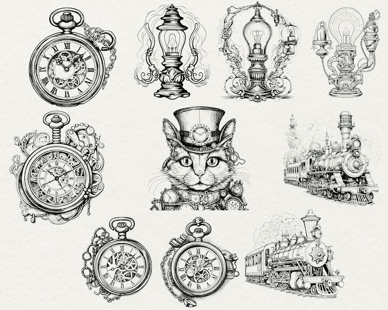 May include: A collection of vintage-inspired illustrations featuring a cat wearing a top hat, a steam train, a pocket watch, and a lamp. The illustrations are drawn in black and white and have a steampunk aesthetic.