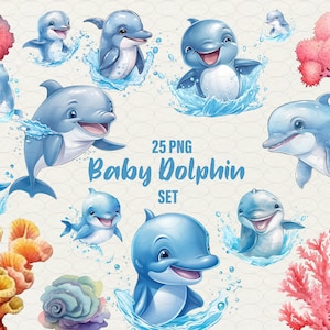 Clipart bébé dauphin, fête d'été aquarelle dauphin, 25 PNG décoration de chambre de bébé douche, bébé dauphin, usage Commercial