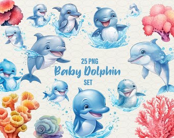 Clipart aquarelle bébé dauphin : 25 PNG, décoration de chambre d'enfant (usage commercial)