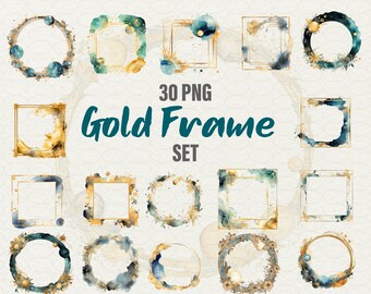 May include: Set of 30 gold frame PNG digital clipart images. Each frame features a watercolor background with blue and gold accents. The frames are perfect for adding a touch of elegance to your designs.