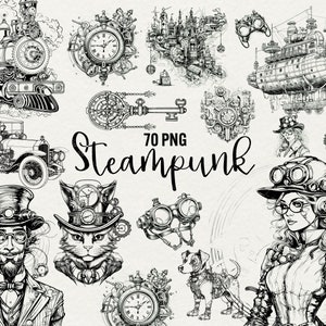 Steampunk Clipart 70 PNG Fantasy Clipart Steampunk Line Drawn Art Illustrations, Instant Download, Commercial Use.