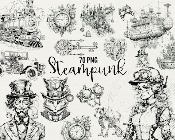 スチームパンク クリップアート: ファンタジー線画イラスト 70 点 (PNG
