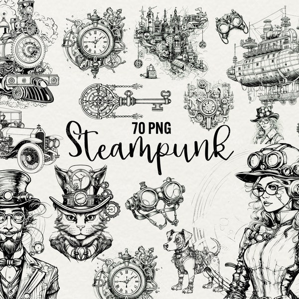 Steampunk Clipart 70 PNG Fantasy Clipart Steampunk lignes dessinées Illustrations d'art, téléchargement immédiat, usage commercial.