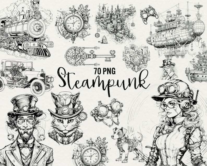 May include: A set of 70 black and white steampunk themed illustrations. The illustrations include a train, a car, a clock, a key, a cat, a dog, a woman, a man, and a variety of other steampunk elements.