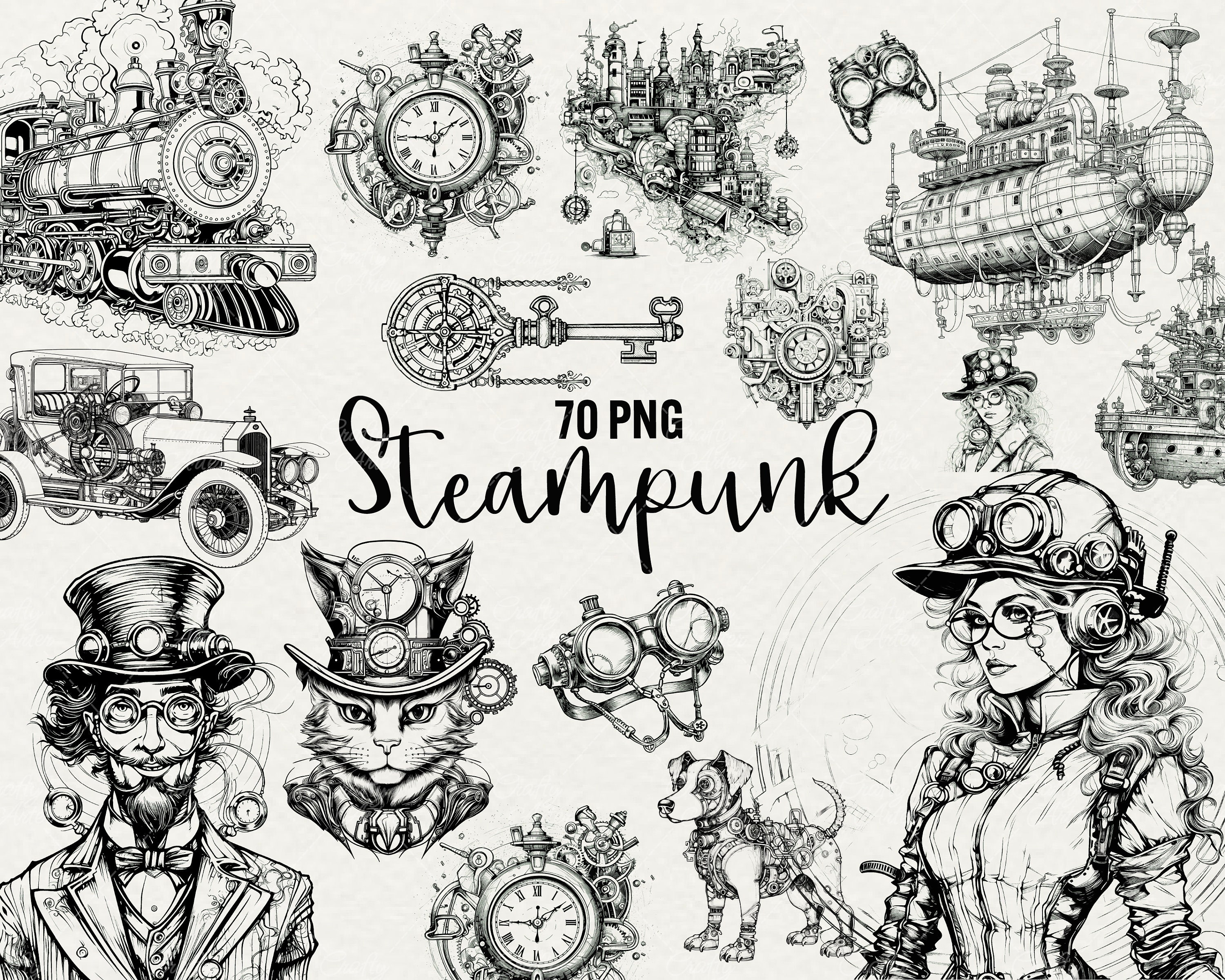 スチームパンク クリップアート: ファンタジー線画イラスト 70 点 (PNG