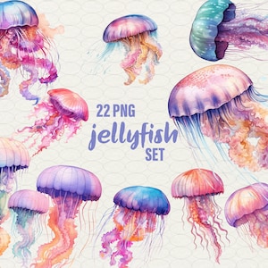 Jellyfish Clipart, Jellyfish Watercolor print, ocean art, Art Print, 22 png Illustration, ocean gift, Wall decor, Commercial Use.