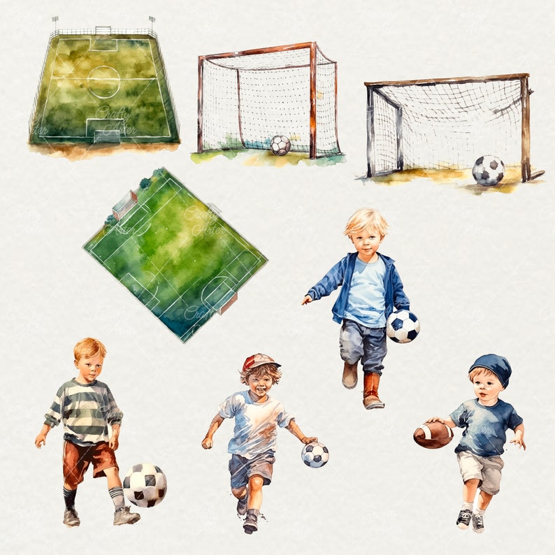 K&ouml;nnte beinhalten: Aquarell-Illustration von vier Kindern, die Fu&szlig;ball spielen. Zwei Kinder tragen blaue Hemden und Shorts, eines tr&auml;gt ein gestreiftes Hemd und Shorts und eines tr&auml;gt ein blaues Hemd und Shorts. Die Kinder spielen auf einem gr&uuml;nen Feld mit zwei Fu&szlig;balltoren im Hintergrund. Es befinden sich drei Fu&szlig;b&auml;lle auf dem Bild.