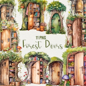 Aquarel bos deuren clipart, 11 PNG aquarel Fantasy Forest deur, magische deuren tuin clipart illustraties, commercieel gebruik.