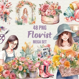 Clipart fleuriste. Clipart fleuriste, boîte à fleurs aquarelle, bouquets de fleurs, clipart femme fleuriste, aquarelle floristique, usage commercial