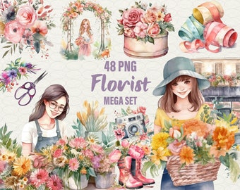 Watercolor Florist Clipart: Flower Bouquets, Woman Florist (PNG, Commercial Use)