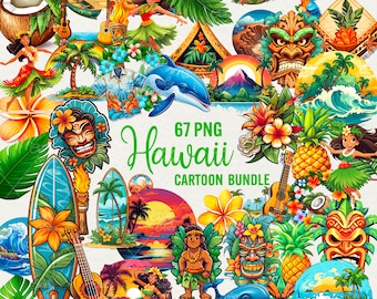 Aloha Hawaii Clipart, Aloha Hawaii Cartoon, 67 PNG Hawaii clip art Digital art, flowers, drinks, surfing, beach, palms, luau Commercial use.