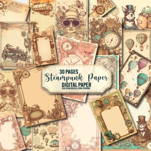 Steampunk Digital Paper, 30 vintage digital pages, junk journal printable cards, steampunk ephemera, old victorian background commercial use