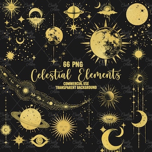 Celestial Gold Elements clipart, 66 png gouden hemelse maan zon sterren, kosmoslichamen, astrologisch ontwerp, instant download commercieel gebruik