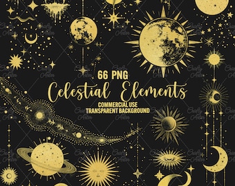 Gold Celestial Clipart: maan, zon, sterren - 66 png-elementen (commercieel gebruik)