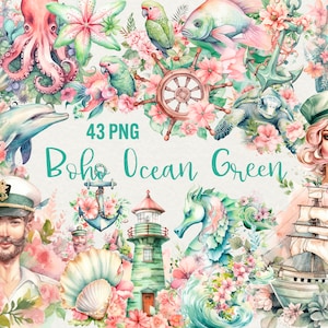 Watercolor Boho Ocean Clipart, 43 PNG Summer Beach Clipart Nautical clipart Seashells turtles ship lighthouse illustration Commercial Use