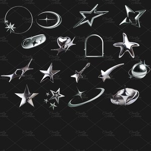 Metal star PNG bundle with 45 chrome aesthetic clipart designs, including silver starbursts, shooting stars, spiked stars, outlined stars, orbiting planets, crescent moons, and celestial shapes. Trendy Y2K and futuristic style, perfect for digital art, sublimation, scrapbooking, websites, social media posts, Twitch overlays, and DIY crafts. Each PNG has a transparent background, ideal for Canva, and other design platforms. Great for aesthetic and gothic projects.