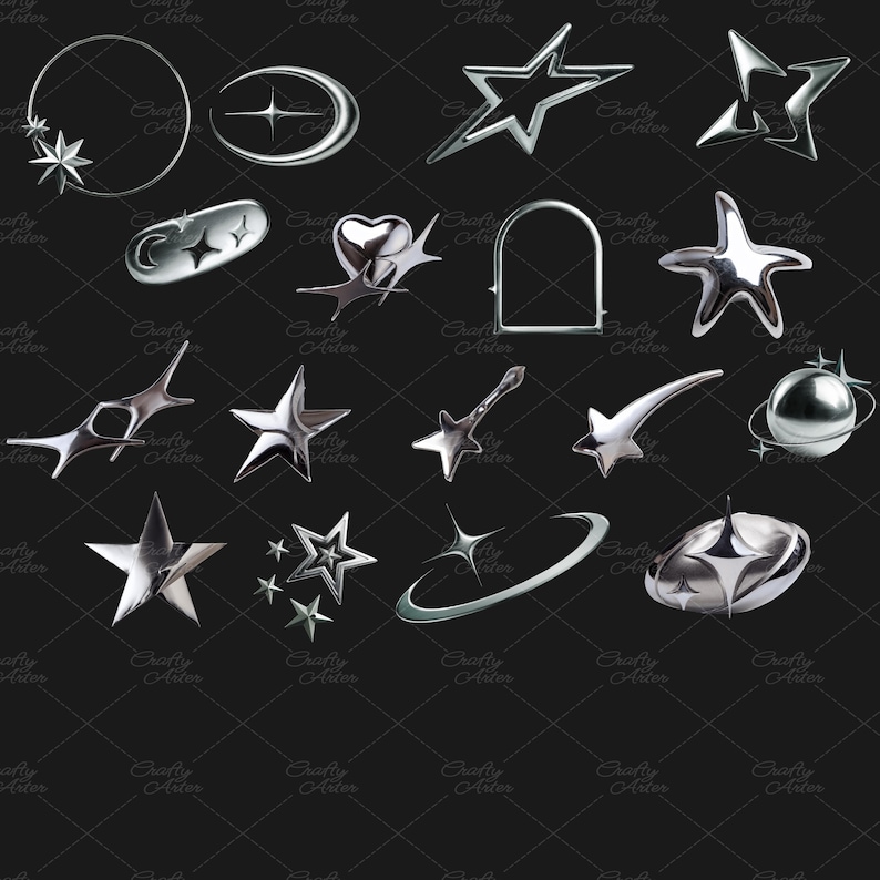Metal star PNG bundle with 45 chrome aesthetic clipart designs, including silver starbursts, shooting stars, spiked stars, outlined stars, orbiting planets, crescent moons, and celestial shapes. Trendy Y2K and futuristic style, perfect for digital art, sublimation, scrapbooking, websites, social media posts, Twitch overlays, and DIY crafts. Each PNG has a transparent background, ideal for Canva, and other design platforms. Great for aesthetic and gothic projects.