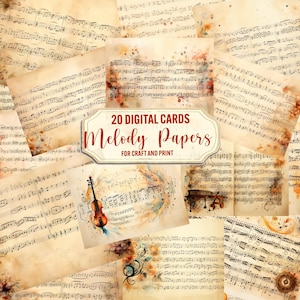 Paquete de papel digital de partituras, 20 tarjetas vintage digitales, fondo musical imprimible, papel digital de melodía, notas musicales, uso comercial