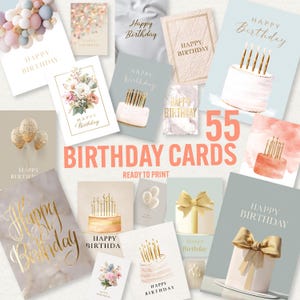 Cartões de aniversário para impressão, 55 cartões digitais elegantes de feliz aniversário, cartão-presente com balão de bolo floral, download instantâneo de JPEG, uso comercial