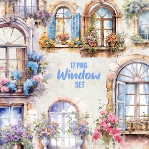 Floral Spring windows clipart, Spring flower windows 17 png antique window, old window flowers, watercolor windows, Commercial Use