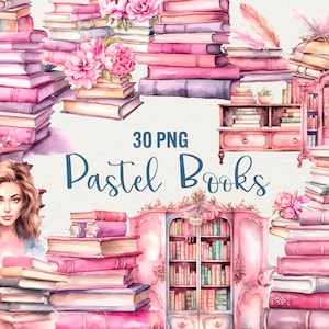 Clipart di libri rosa ad acquerello, 30 PNG Clipart di libri scolastici pastello, Libri per insegnanti ad acquerello, Libro vintage, Libri rosa boho Uso commerciale